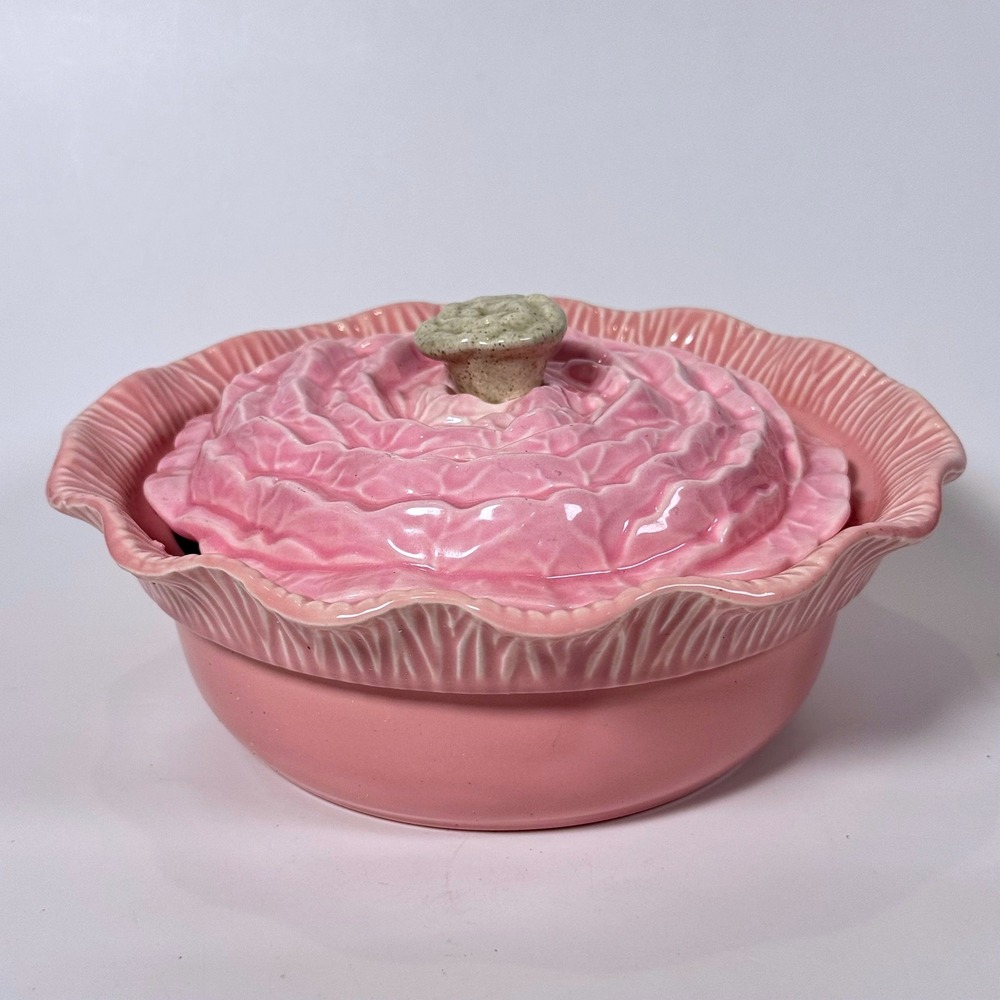 Vintage 1956 Miramar of California Pink Cabbage Leaf Covered Dish 644 Rosebud
